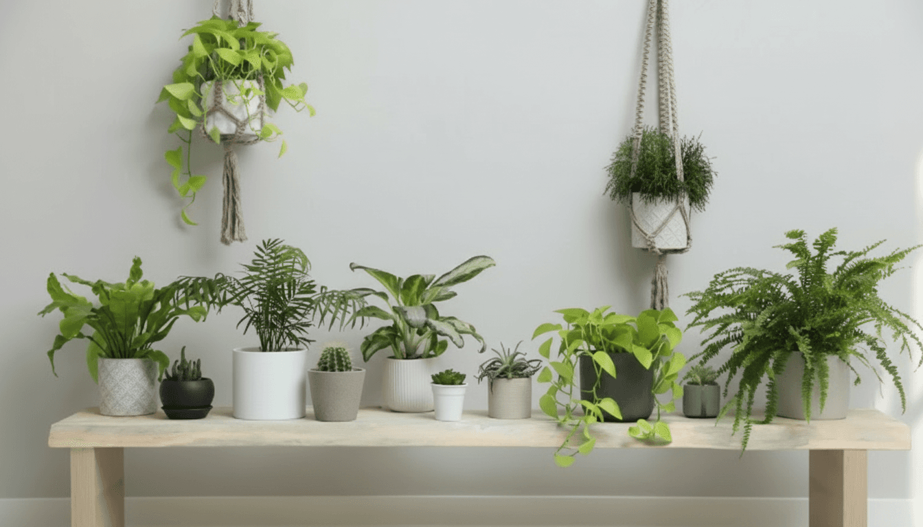 A collection of potted houseplants arranged on a light wooden bench, including ferns, succulents, and trailing plants in various modern planters, with two plants hanging in macrame hangers above