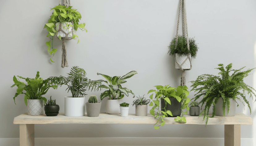 A collection of potted houseplants arranged on a light wooden bench, including ferns, succulents, and trailing plants in various modern planters, with two plants hanging in macrame hangers above