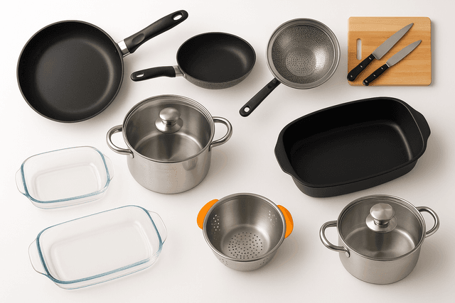 Assortment of safe cookware options including stainless steel pots, cast iron skillets, and ceramic-coated pans arranged on a kitchen counter