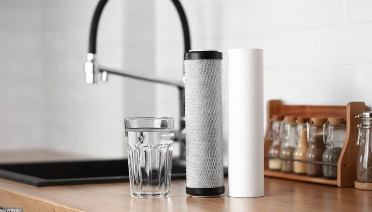 Water filtration systems including gravity filters, reverse osmosis units, and tap-connected systems arranged on a kitchen counter