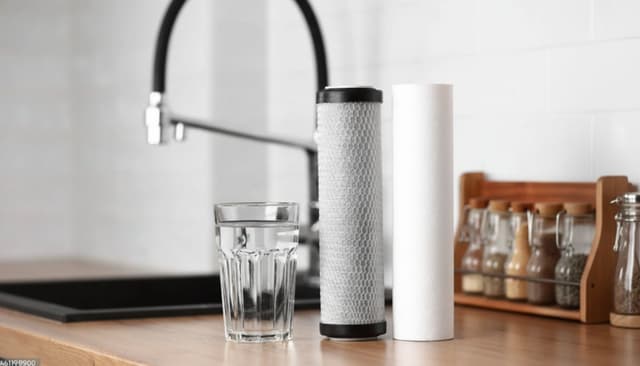 Water filtration systems including gravity filters, reverse osmosis units, and tap-connected systems arranged on a kitchen counter